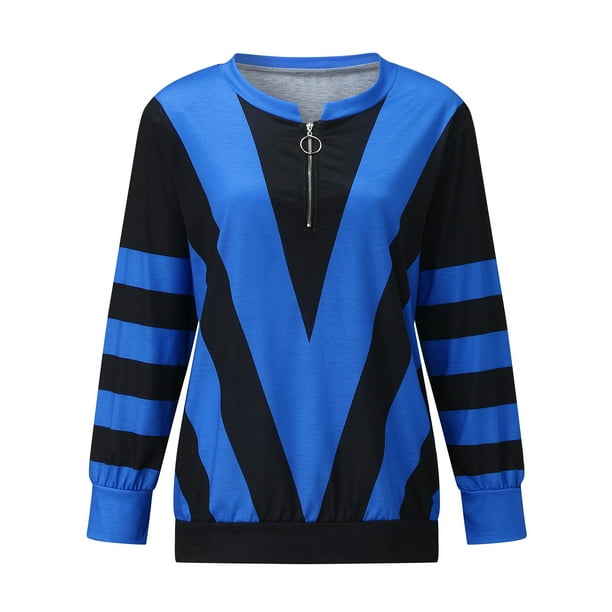 Gibobby Blusas Para Mujer Elegantes Camiseta de manga larga con estampado de cremallera y temperamento en forma de V para mujer, blusa con tira superior para mujer(Azul, S)