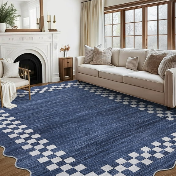 Senfot 9x12 Scalloped Geometric Checkered Area Rug Washable Stain Resistant Low Pile Non-Slip Indoor Rug for Living Room Bedroom Blue