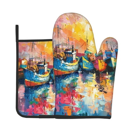 

Zeuib Colorful Fishing Boats Print Oven Mitt & Pot Holder Set 2-Pack Kitchen Gloves and Hot Pads for Cooking BBQ Grilling Baking