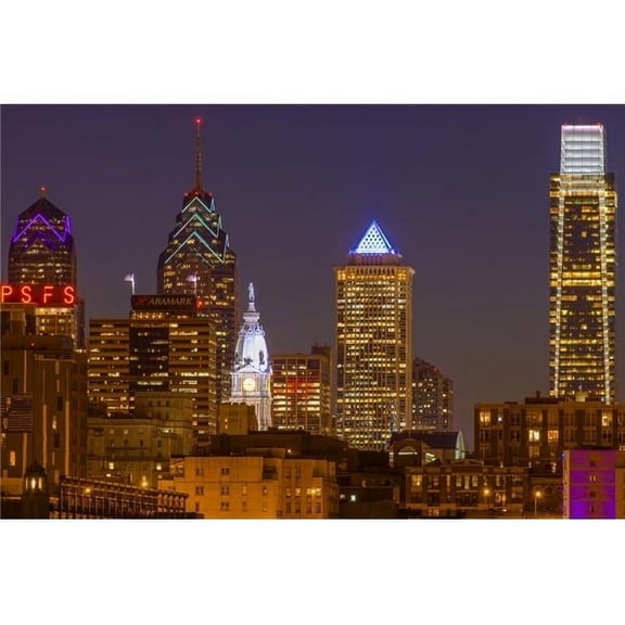 Illuminated Cityscape At Night Philadelphia Pennsylvania USA Poster Print - 18 x 24