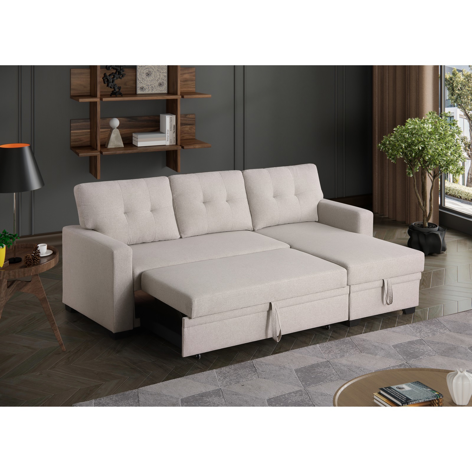 Hommoo 2 in 1 Pull Out Couch Bed Upholstered Sectional Sofa with Storage & Chaise, Convertible L Shaped Sleeper Sofa for Home,Beige