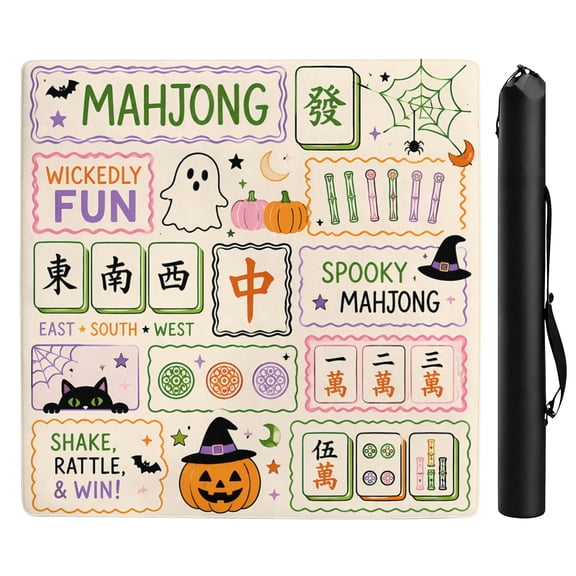 Halloween Mahjong Mat, 33" x 33" Non-Slip Mahjong Game Mat with Storage Bag, Ghost Pumpkin Black Cat Spooky Mahjong Table Cover for Game Night Party Home Decor