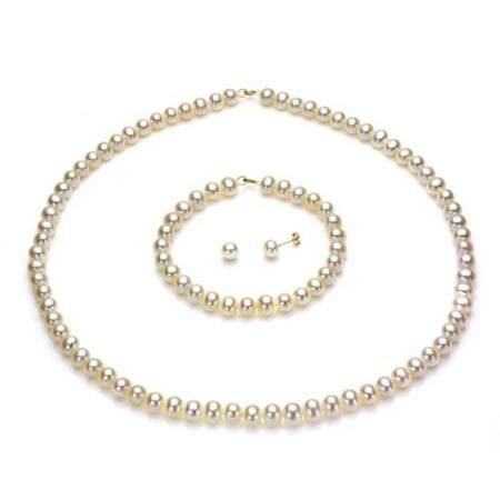 14k Yellow Gold 6-7mm White Freshwater Pearl Necklace Bracelet and Earring Set