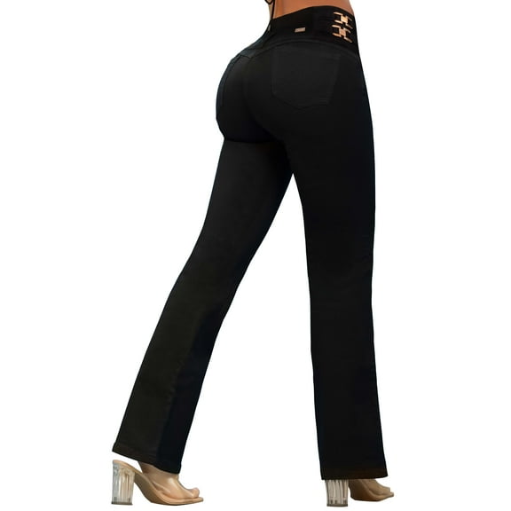 Pantalones Colombianos Levanta Cola | Butt Lifting Colombian Jeans Boot Cut for Women | High Waisted Push Up | Black 536BL by Fiorella Shapewear