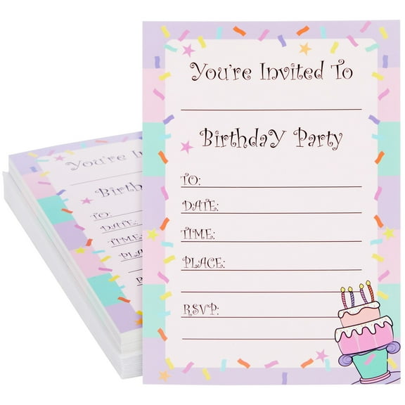 24 Pack Birthday Invitations for Girls, Fill-In Invite Cards with Envelopes, Confetti Design (5x7 in)