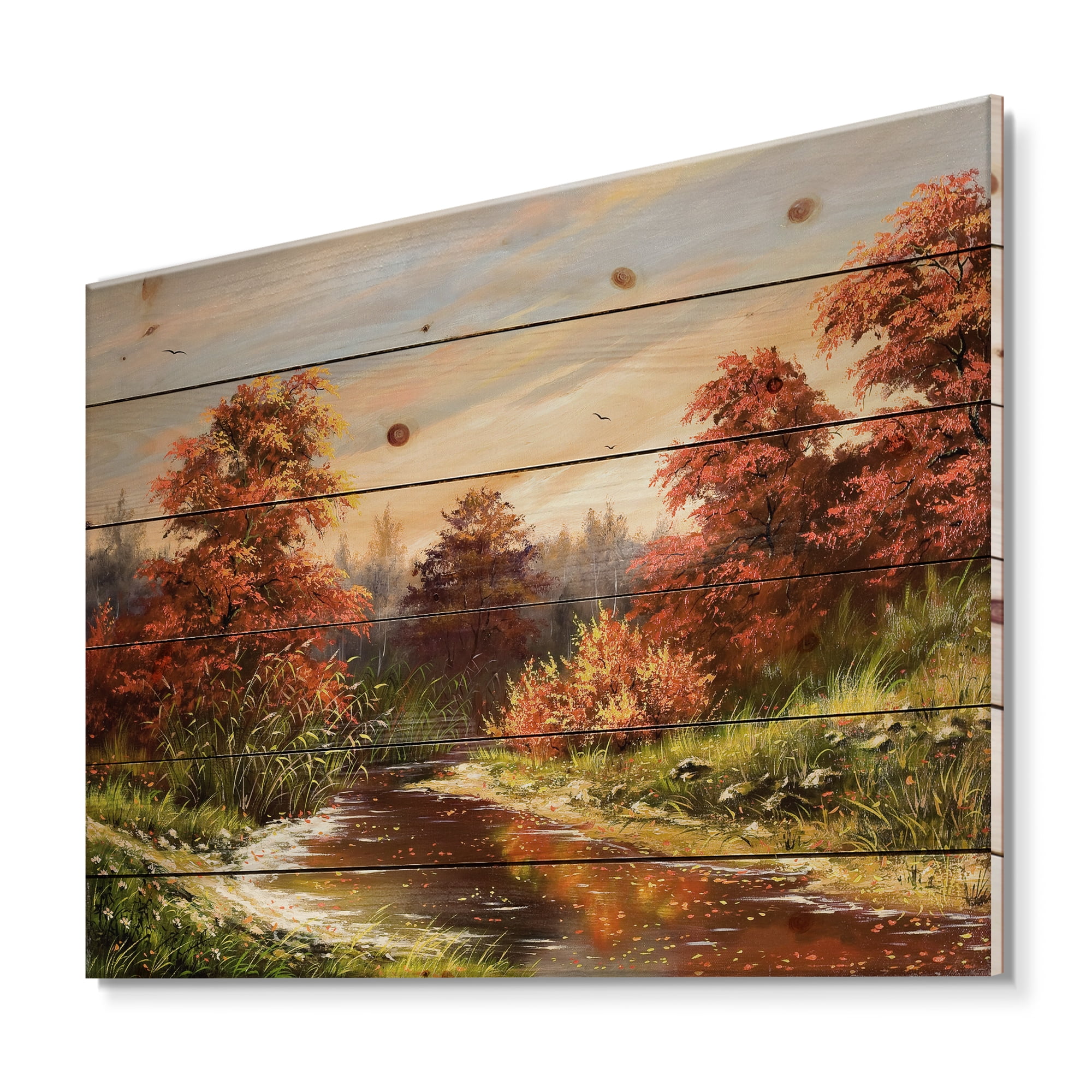 Designart 'The Wood River On A Decline In An Orange Autum Summer' Lake House Print on Natural Pine Wood