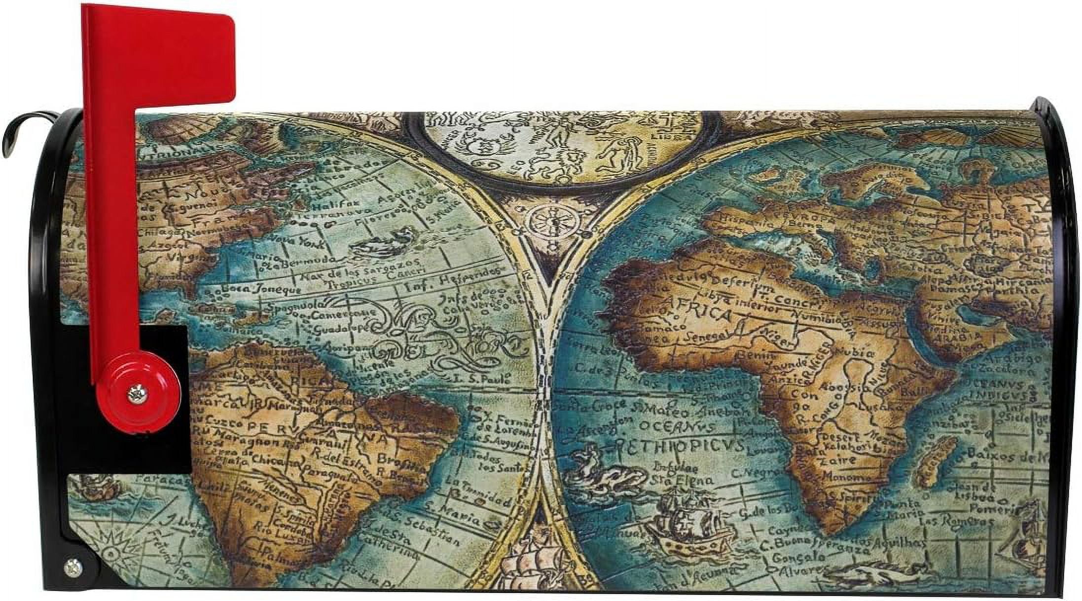 Vintage World Map Magnetic Mailbox Cover MailWraps Garden Yard Home Decor for Outside Oversized-25.5" x20.8"