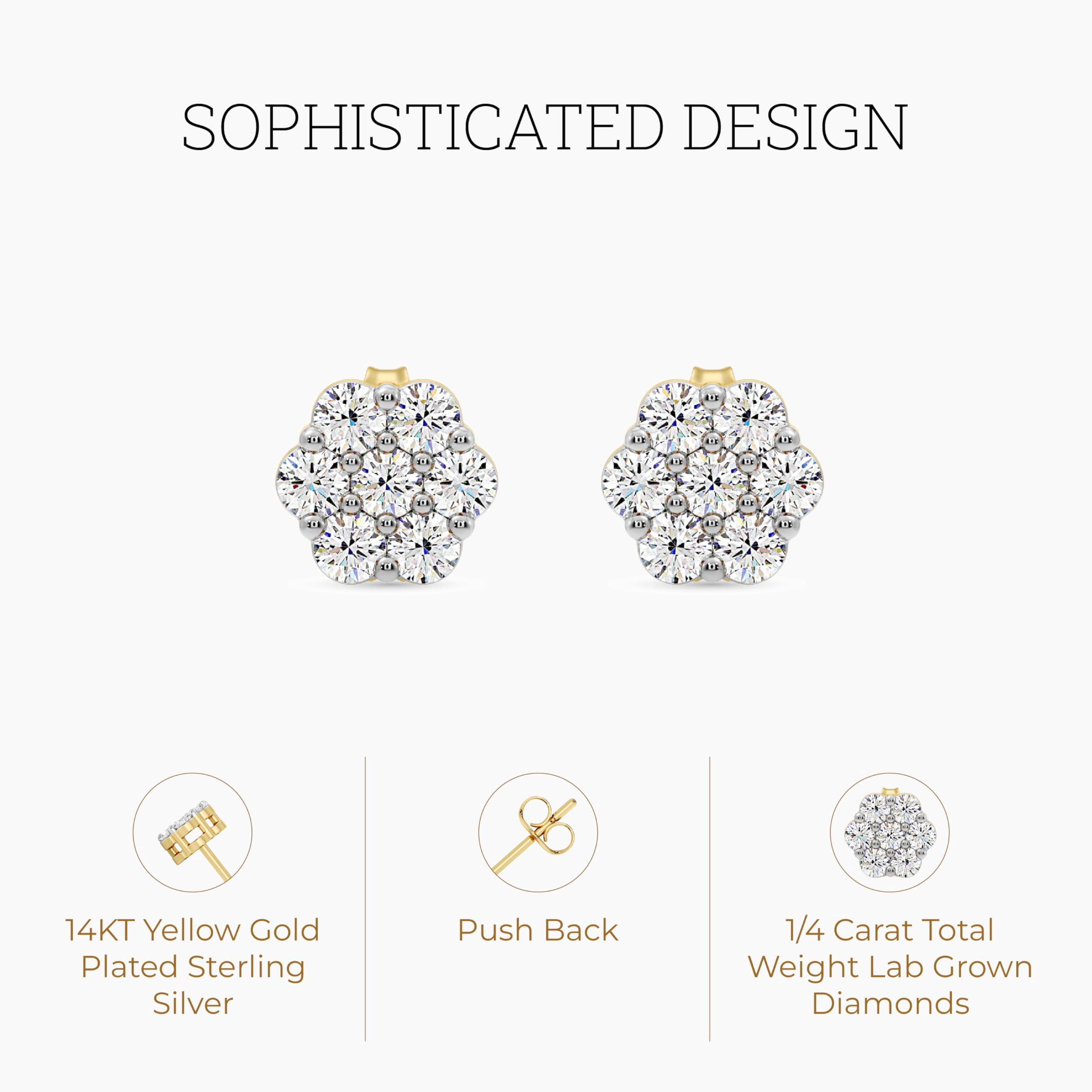 Gilded 1/4 Carat Total Weight Lab-Grown Diamond 14KT Yellow Gold Plated Silver Stud Earrings for Women, 7-Stone Flower Shaped, Hypoallergenic Fine Jewelry, Prong Setting Push Back SI1 Clarity F Color
