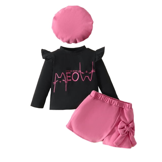 Gibobby Conjunto con capucha para niño Conjunto de ropa para niñas pequeñas, invierno, manga larga, letras, animados, falda, sombrero, 3 uds.(Negro,2-3 Años)