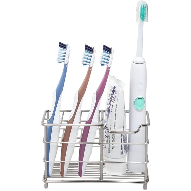 Amazer Toothbrush Holder, Stainless Steel Toothpaste and Toothbrush Holder with Multi-Functional 7 Slots, Stand Bathroom Organizer for Toothbrush, Toothpaste, Facial Cleanser, Comb, Nickel
