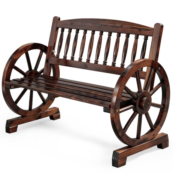 Zimtown Rustic Wagon Wheel Wooden Bench, 41.5in Dark Carbonized Fir Patio Bench, 2-Seater Outdoor Garden Bench for Yard