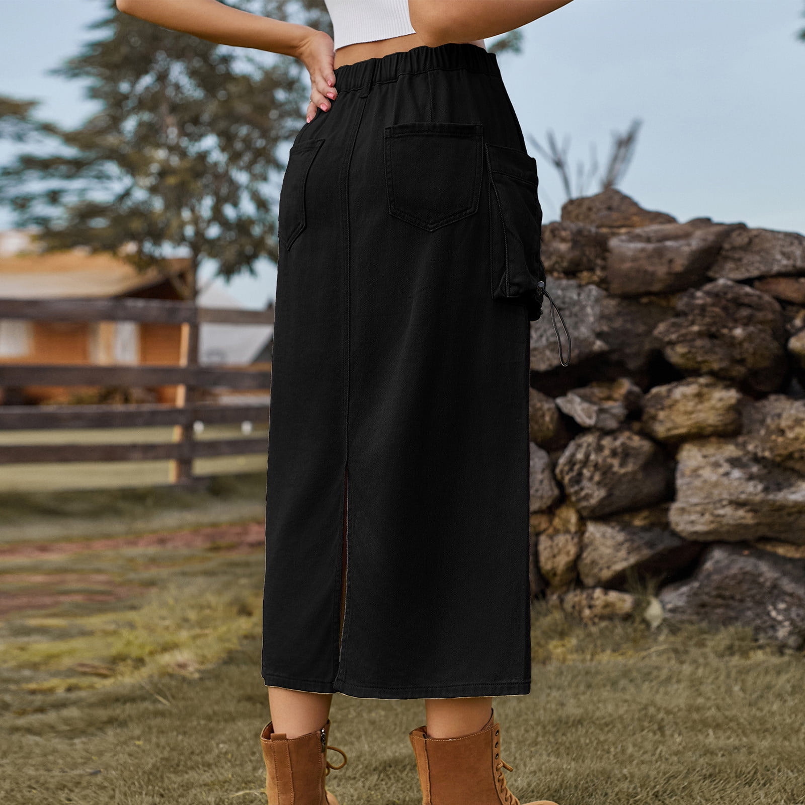 Cavosen Womens Skirts Knee Length Summer Midi Calf Length Cargo Skirts Denim Jean Skirts Plain Pencil Skirts Dress Button Side Pocket Athletic Beachwear Resortwear Black S