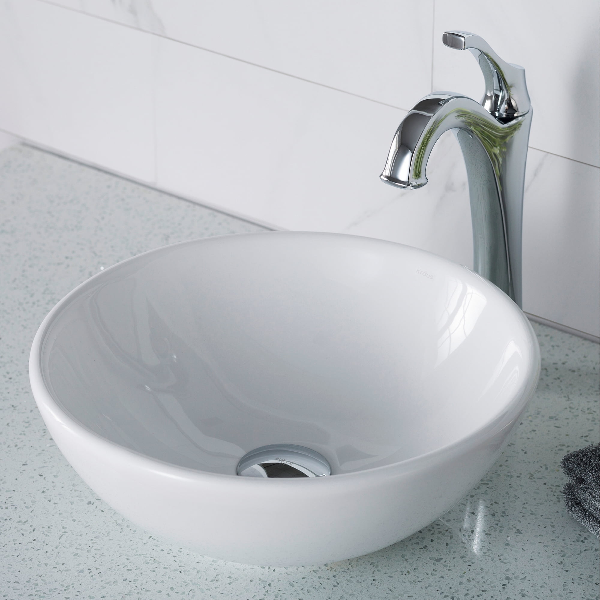 KRAUS Elavo 14-inch Round White Porcelain Ceramic Bathroom Vessel Sink and Arlo Faucet Combo Set with Pop-Up Drain, Chrome Finish