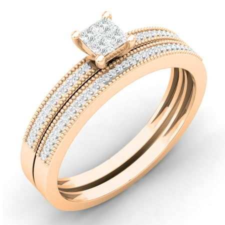 0.35 Carat (ctw) 14K Rose Gold Princess & Round Cut White Diamond Ladies Bridal Engagement Ring With Matching Band Set 1