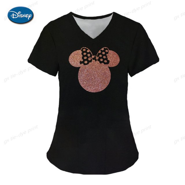 Pocket Nursing Scrub Uniform Ladies V-neck Care Workers Nurse Working Medical Uniforms Blouse Disney Mickey Mouse Print TopsXXL Gao Jinjia LED