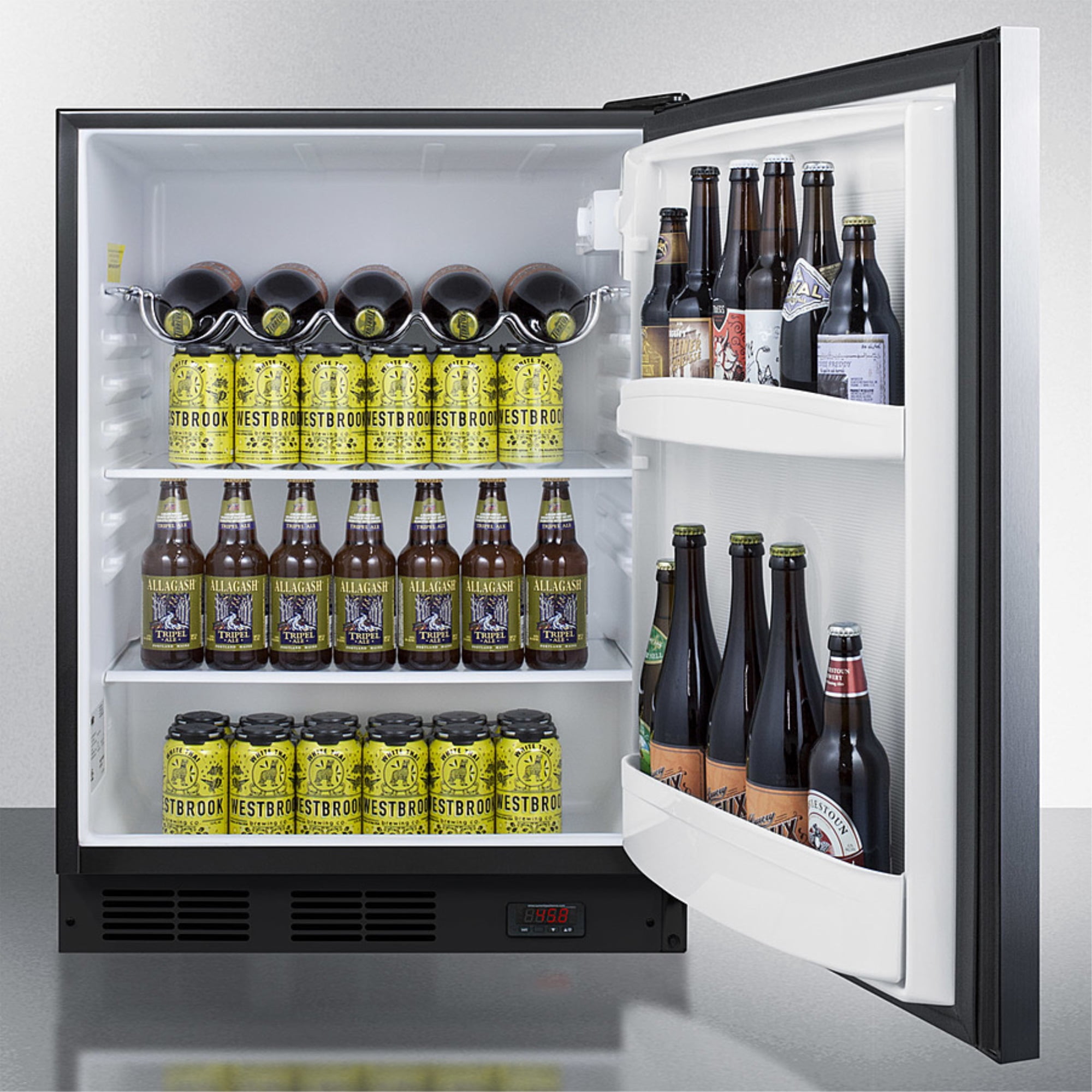 Built-in undercounter ADA compliant craft beer Pub Cellar with black cabinet, stainless steel door, horizontal handle, digital thermostat, and deluxe interior