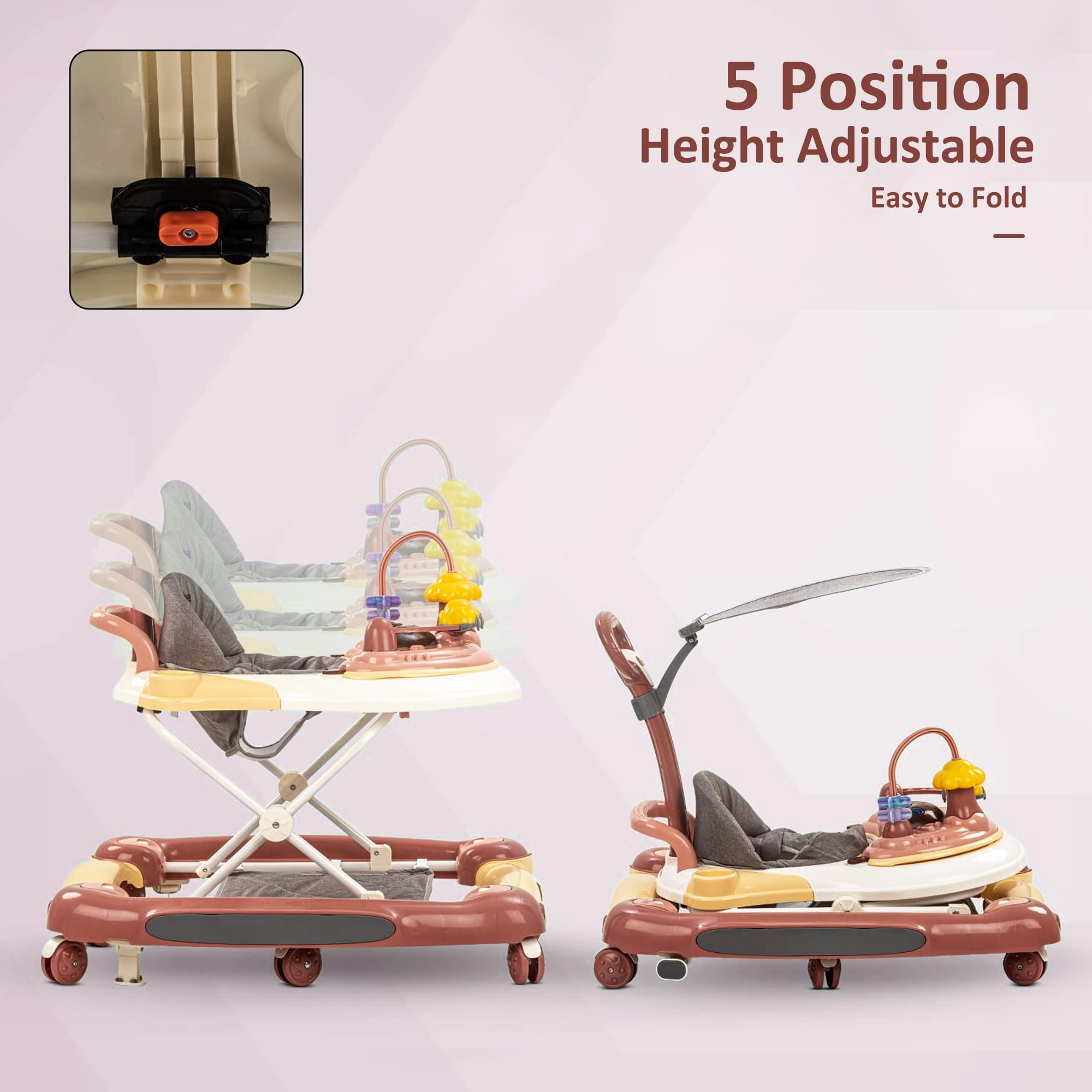 EONROACOO 5-in-1 Baby Walker with Wheels,Infant Toddler Walkers Bouncer for Boys Girls,Pink