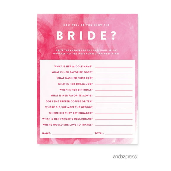 How Well Do You Know The Bride?  Pink Watercolor Wedding Bridal Shower Game Cards, 20-Pack