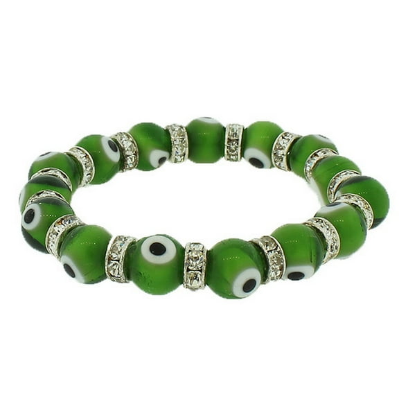 Fashion Alloy Green White CZ Beaded Stretch Cord Bangle Evil Eye Bracelet