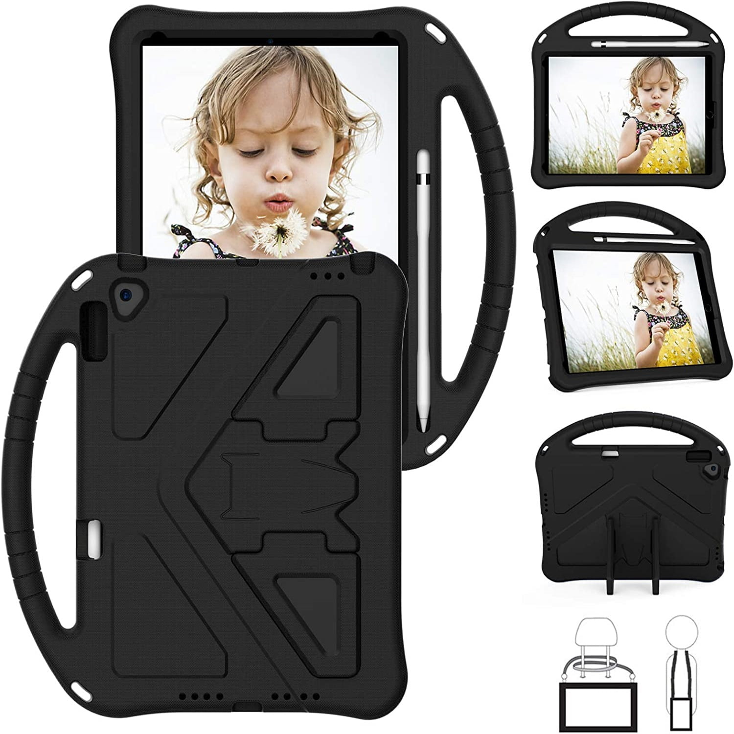 Cowithday Kids Case for iPad 9th/8th/7th Generation iPad 10.2 (2021/2020/2019) with Kickstand/Handle Stand/Pencil Holder [Screen Protector] Lightweight Soft EVA Foam Shockproof Cover Boy Girl,Black