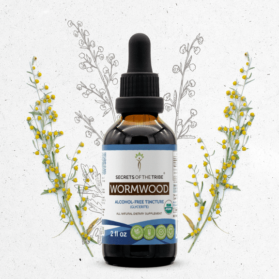 Secrets Of The Tribe Wormwood Organic Dietary Supplement, Natural Herbal Tincture for Digestive Support, Certified Organic Wormwood (Artemisia absinthium) Dried Herb, Alcohol-Free Extract, 2 oz