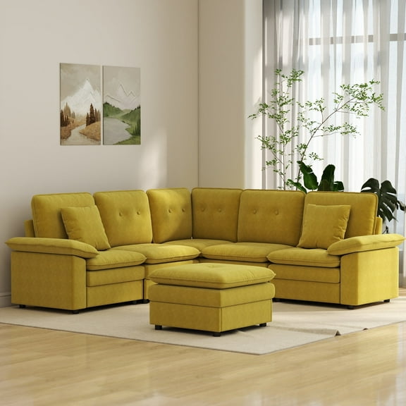 Kinsuite 6-Seat Sectional Sofa - 114" L Modern Couch with Ottoman, Free Combination Corner Sectional with Double Layer Cushions, Modular Sectional Sofa for Living Room, Yellow