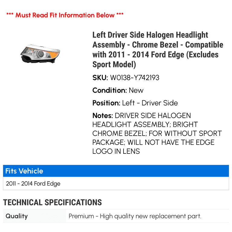 AKKON - Fits 2011-2014 Ford Edge [Halogen Type] Projector Headlights Headlamps Pair Driver Left Passenger Right