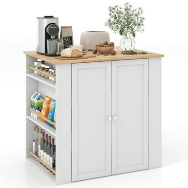 Spaco Modern Kitchen Island with Rubber Wood Countertop and Storage-White, Kitchen Island, Kitchen Island with Storage for Kitchen,Dinning Room