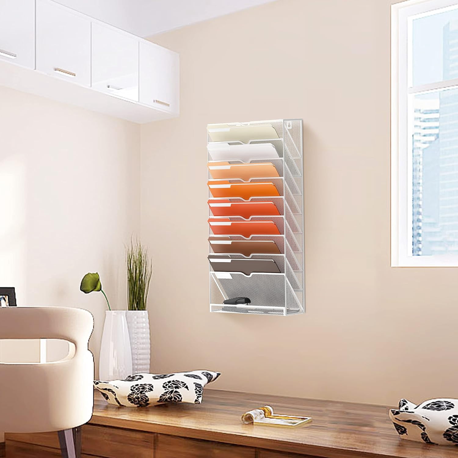 INTIGE 10-Tier Hanging Wall File Holder for Papers, Desktop Magazine Organization for Office, White