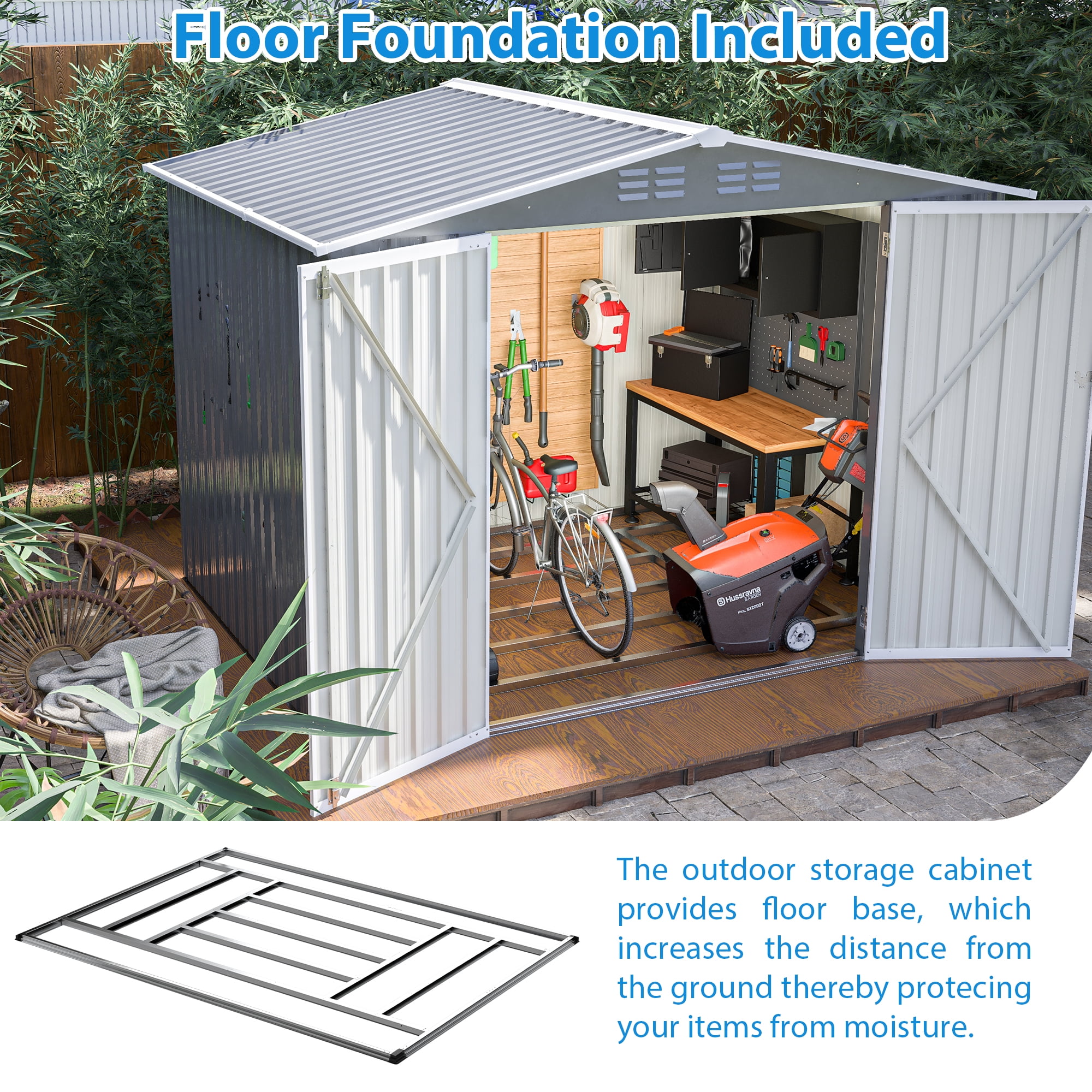 Outdoor Storage Shed 8 x 6 FT Outdoor Waterproof Garden Tool Storage Sheds with Metal Foundation with Floor Frame, Tool Shed with Lockable Hinged Doors & Air Vents, Storage House Waterproof for Backy
