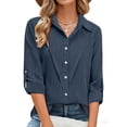 thumbnail image 3 of Plus Size Cotton Linen Shirts for Women Rolled Sleeve Collared Tops Oversized Button Up Blouses Casual Tunic Tshirt, 3 of 7