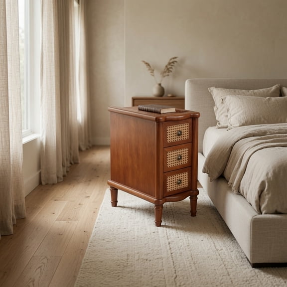 End Table, Rattan Narrow Side Table with 3 Drawers, Solid Wood Nightstand, Bedside Table for Living Room, Bedroom, Office, Bathroom, Light Walnut, Seadrift
