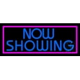 thumbnail image 1 of Blue Now Showing LED Neon Sign 6" Tall x 15" Wide - inches Black Square Cut Acrylic Backing, with Dimmer - Premium built indoor Sign for Storefront, Store interior, Café, Events, Cinema., 1 of 7