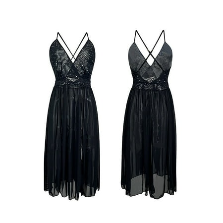 CZSCPDAW Lingerie For Women V Neck Sexy Exotic Open Front Negligee Glamorous Long Sheer Nightgown Sparkling Mesh Slip Dress For Passionate Evenings