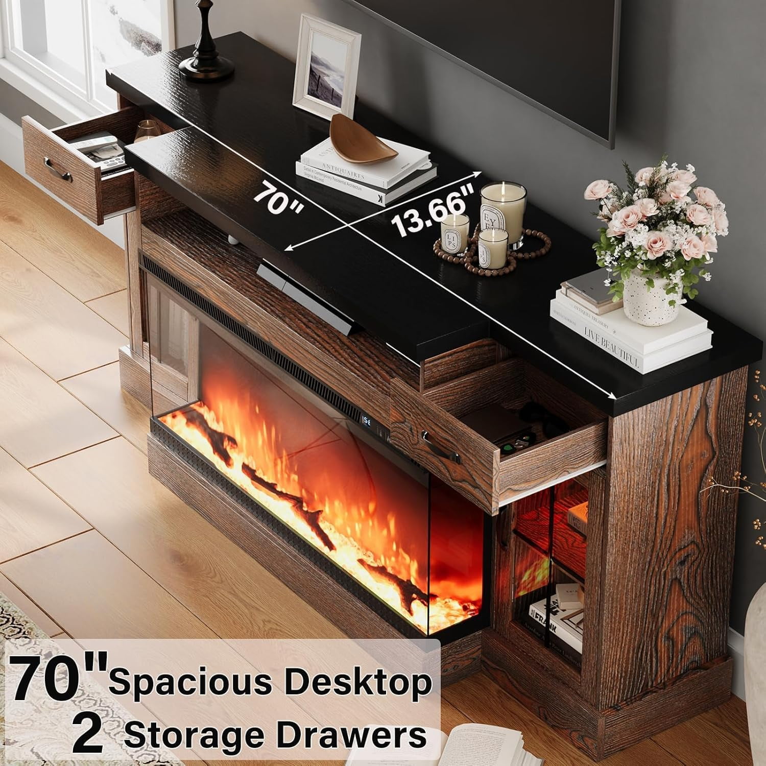 DreamCurship Fireplace TV Stand for TVs up to 80", Farmhouse TV Stand with Electric Fireplace, Glass Door Entertainment Center with Led Light, Media Console Table for Living Room, Black Brown