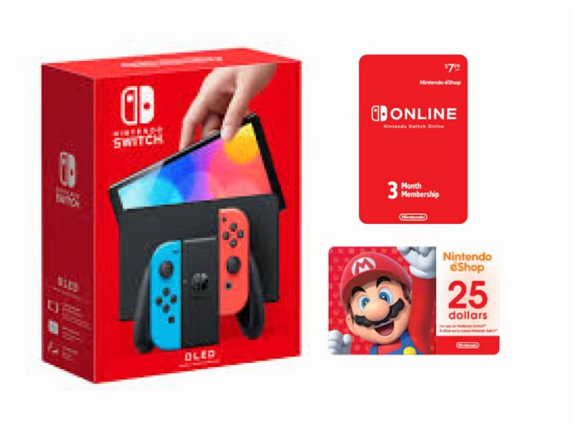 Nintendo Switch OLED with Neon Blue & Neon Red Joy-Con (International Edition) Bundle with 3 Month Nintendo Switch Online Membership & 25 GC