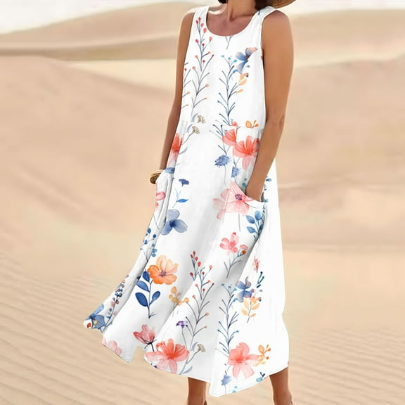 Viikei Dresses for Women Summer Casual Boho Dress,Women's Sleeveless and Linen Round Neck Printed Long Dress with Pocket Pink S