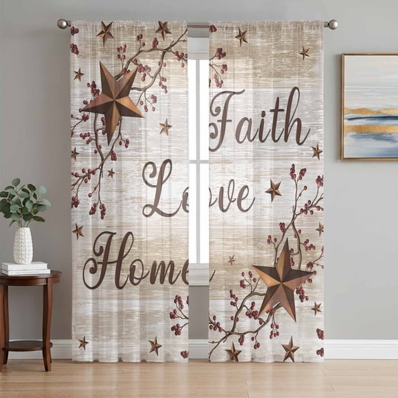 Sheer Curtains 108 Inches Long 2 Panels Set for Living Room, Texas Star Brown Semi Sheer Curtains for Windows, Farmhouse Retro Branches Wooden Grain Voile Window Treatments Rod Pocket Curtain