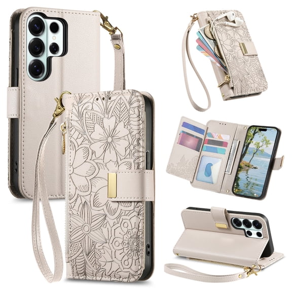 Decase Fashion PU Leather Wallet Case for Samsung Galaxy S26 Ultra,Shockproof Magnetic Buckle Hybrid Cover with Zipper Pocket Credit Card Slot Cash Slot Wrist Strap Lanyard,Beige