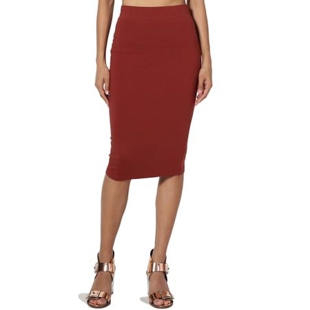 TheMogan Women's Basic Comfort Stretch Cotton Elastic High Waist Knee Midi Pencil Skirt Dark Rust S