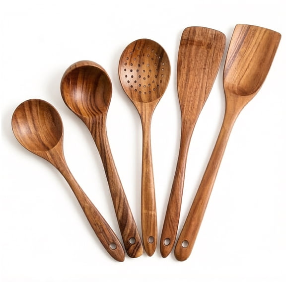 FORICOM 5 Pcs Wood Kitchen Utensils Set，Natural Wooden Spoons For Cooking for Non-stick Skillet, Utensil set For Cooking With Soup Ladle and Wok Spatulas, Salad fork, Spurtles for Cooking