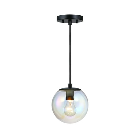 Neva 60 Watt 1-Light Matte Black Globe Pendant Light with Clear Iridescent Glass Shade