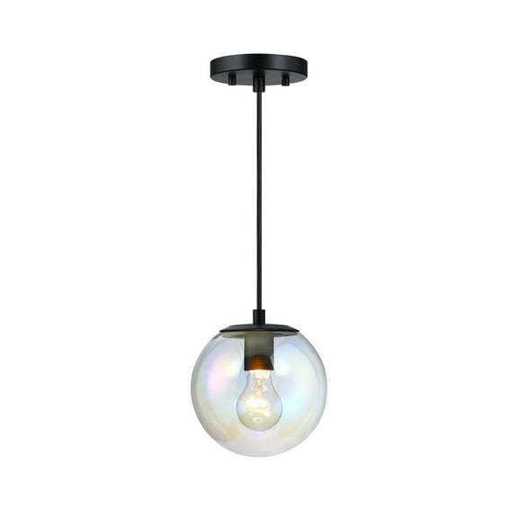 Neva 60 Watt 1-Light Matte Black Globe Pendant Light with Clear Iridescent Glass Shade
