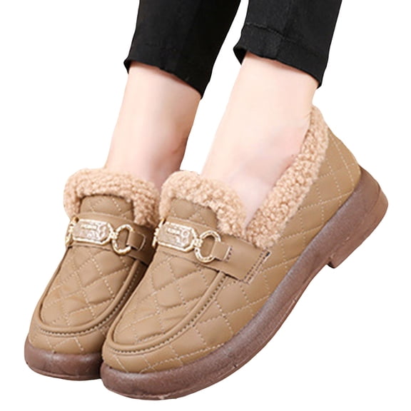 Winter Loafers for Women Fashion Metal Chain Qulited Fuzzy Slip on Shoes Comfy Casual Walking Shoes Booties Khaki Size 8