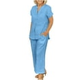 thumbnail image 3 of UVEASISHA Cotton Linen Sets for Women 2 Piece Office Work Outfits V Neck Short Sleeve Tops and Pants Set with Pockets Light Blue L, 3 of 7