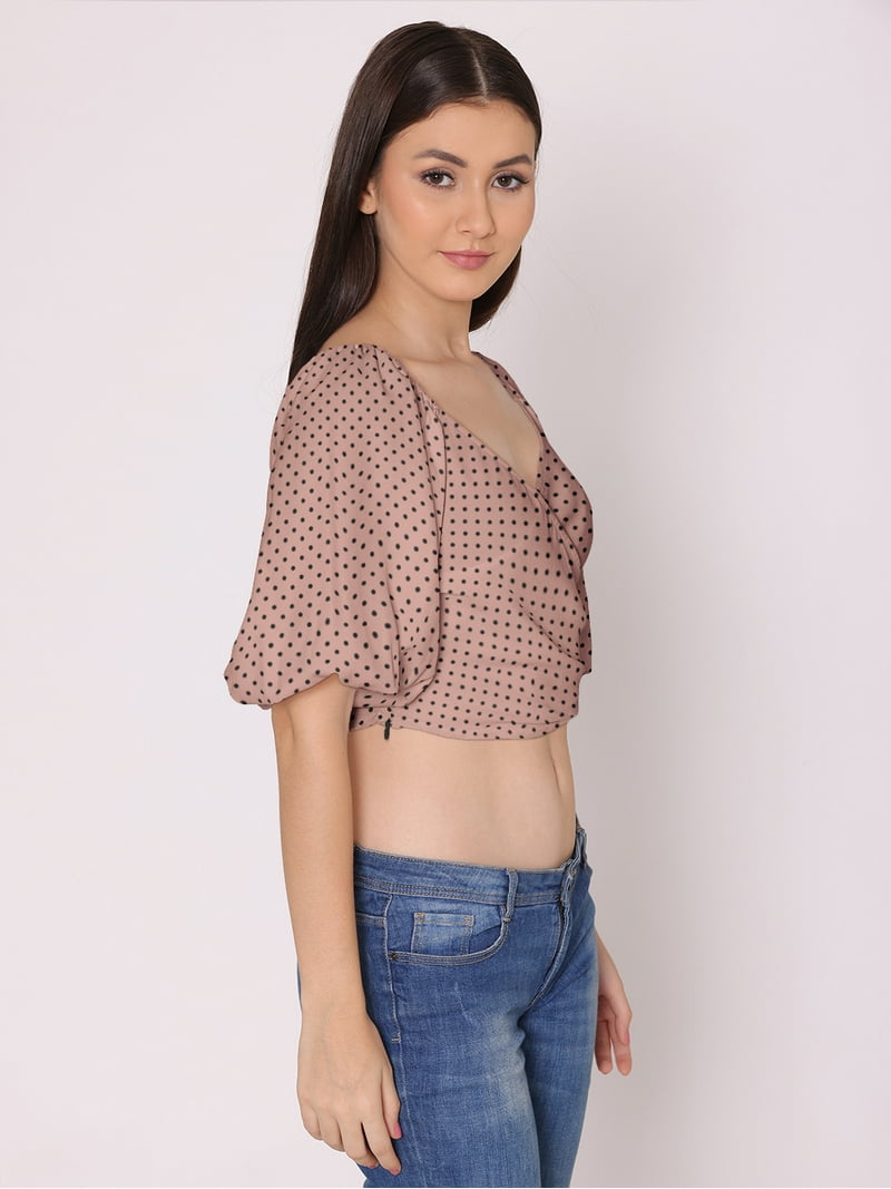 DressBerry Women's Printed Crop Top Blouse Balloon Sleeves Broad V Neck  Casual Summer High Rise Short Slip Ontop - Walmart.com, image size:800x1067