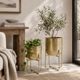 thumbnail image 3 of DecMode 16", 13"H Brushed Dome Gold Metal Planter with Curved X-Shaped Stands (2 Count), 3 of 12