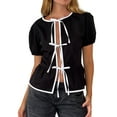 thumbnail image 1 of Mialoley Women Short Sleeve Shirts Contrast Trim Front Three Bowknot Tie-Up Open Summer Casual Tops, 1 of 9