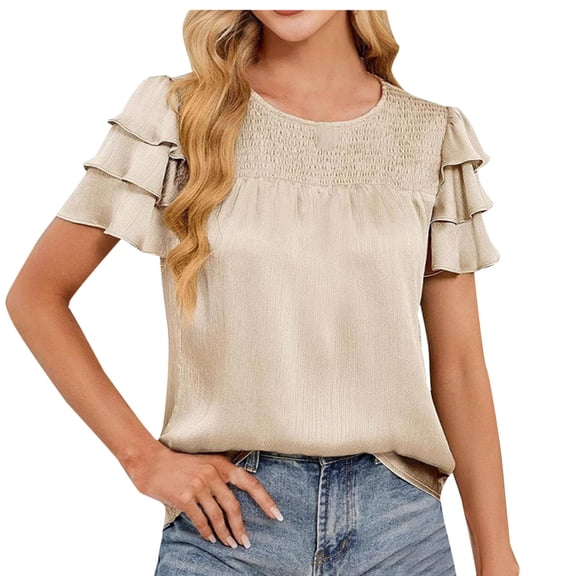 RYRJJ Womens Satin Dressy Casual Blouses Ruffle Sleeve Crewneck Textured Tops Shirred Summer Business Work Shirt(Beige,L)