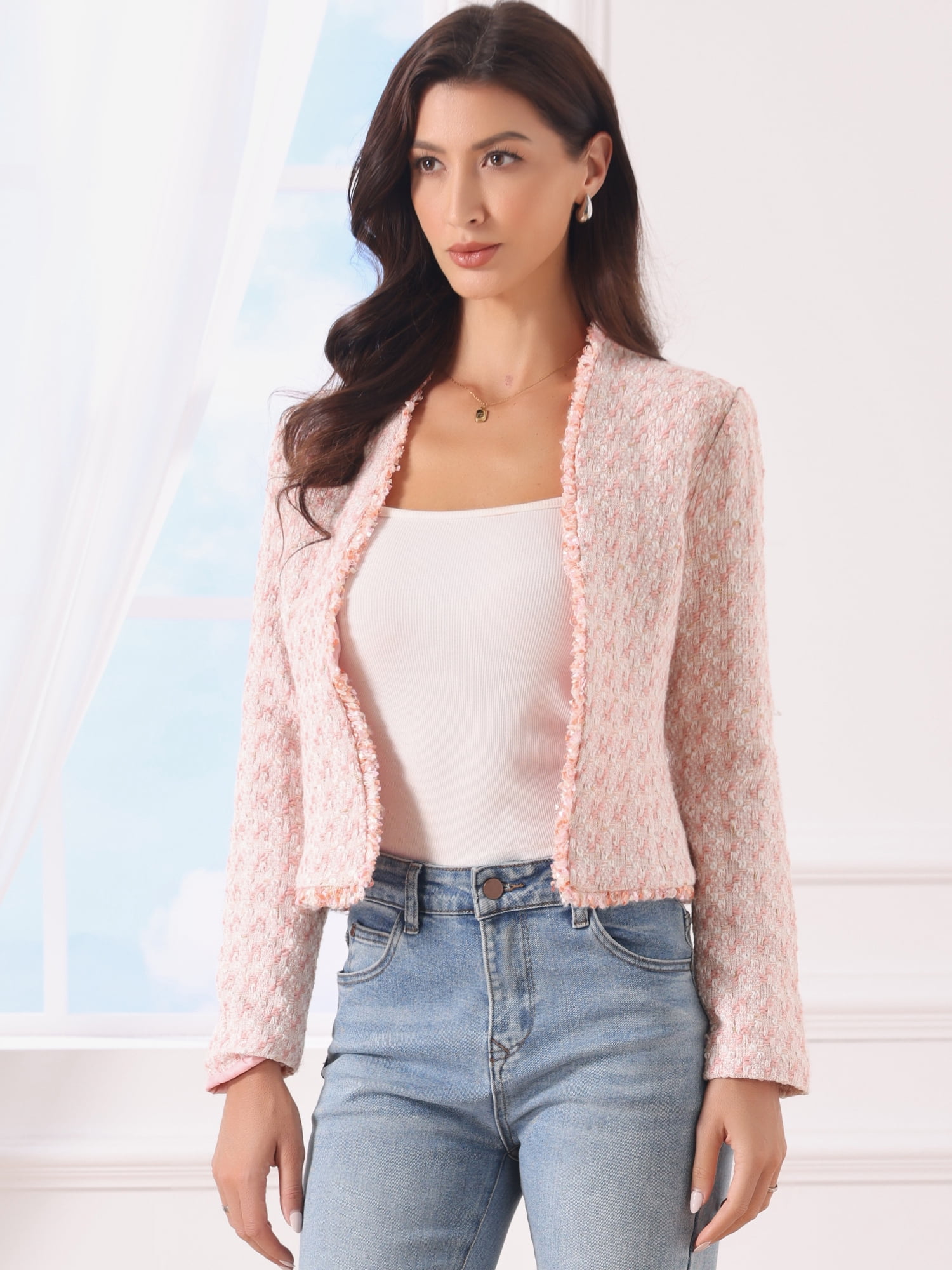 DARING DIVA Women's Plaid Tweed Long Sleeve Open Front Work Office Jacket M Pink